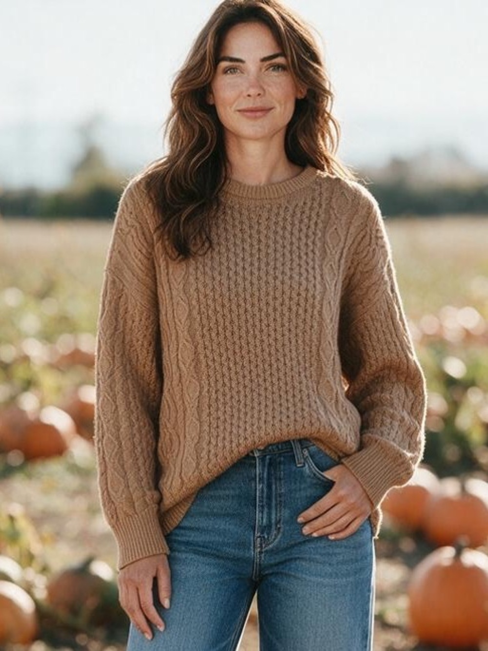COZY CABLE KNIT OVERSIZED FISHERMAN SWEATER CAMEL COLORED NEUTRAL WARM MEDIUM-XL
